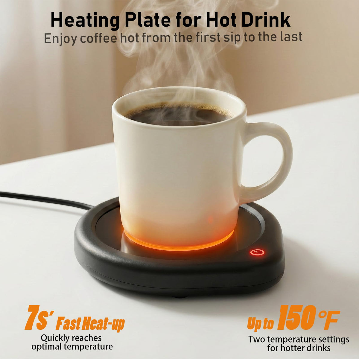 Oracer coffee mug warmer on desk with warm plate ready to keep beverages hot.