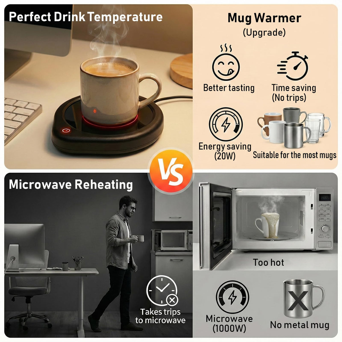 Oracer coffee mug warmer temp controls close-up showing 130-150 F range for adjustable heat.
