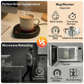 Oracer coffee mug warmer temp controls close-up showing 130-150 F range for adjustable heat.