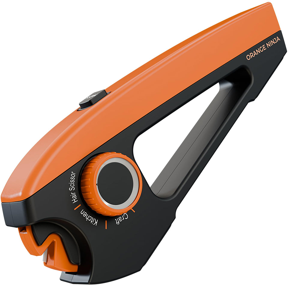 Orange Ninja Scissors Sharpener dial with four angles for precise edges.