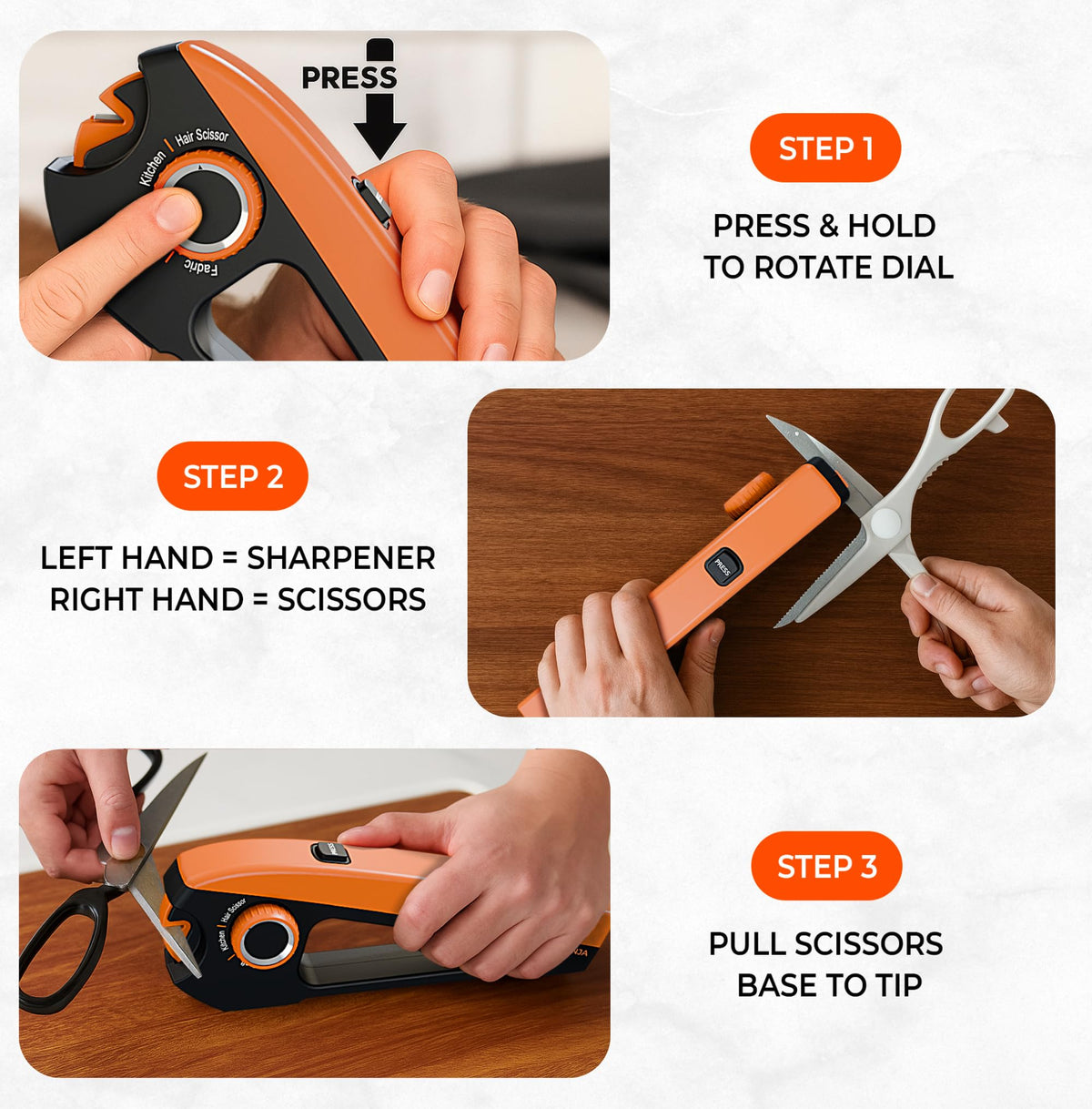 Orange Ninja Sharpener demonstrates kitchen scissors setting for clean, everyday cutting.