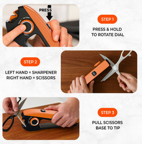 Orange Ninja Sharpener demonstrates kitchen scissors setting for clean, everyday cutting.