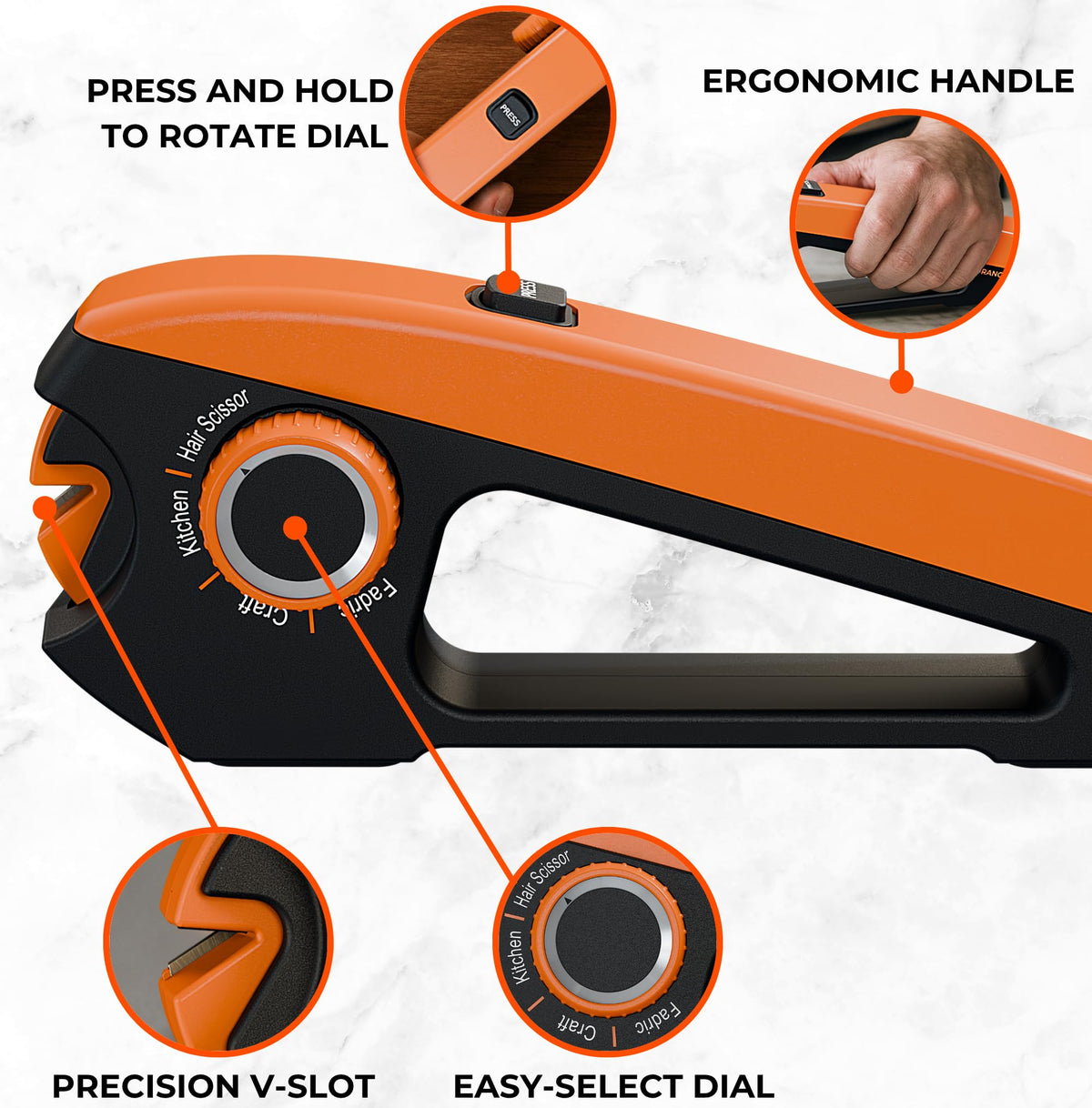 Orange Ninja Sharpener safe slot-guide protects fingers during sharpening.