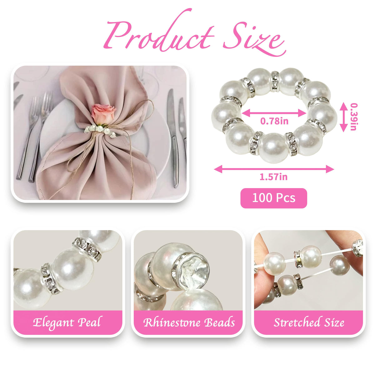 Orbflair imitation pearl napkin ring closeup with rhinestone detailing