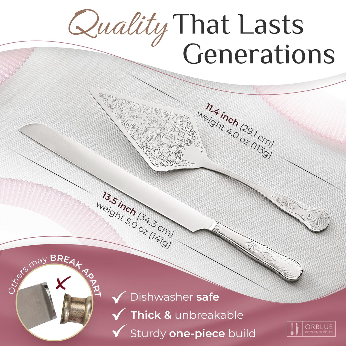 Orblue cake cutting set closeup shows etched design for timeless style