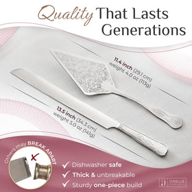 Orblue cake cutting set closeup shows etched design for timeless style