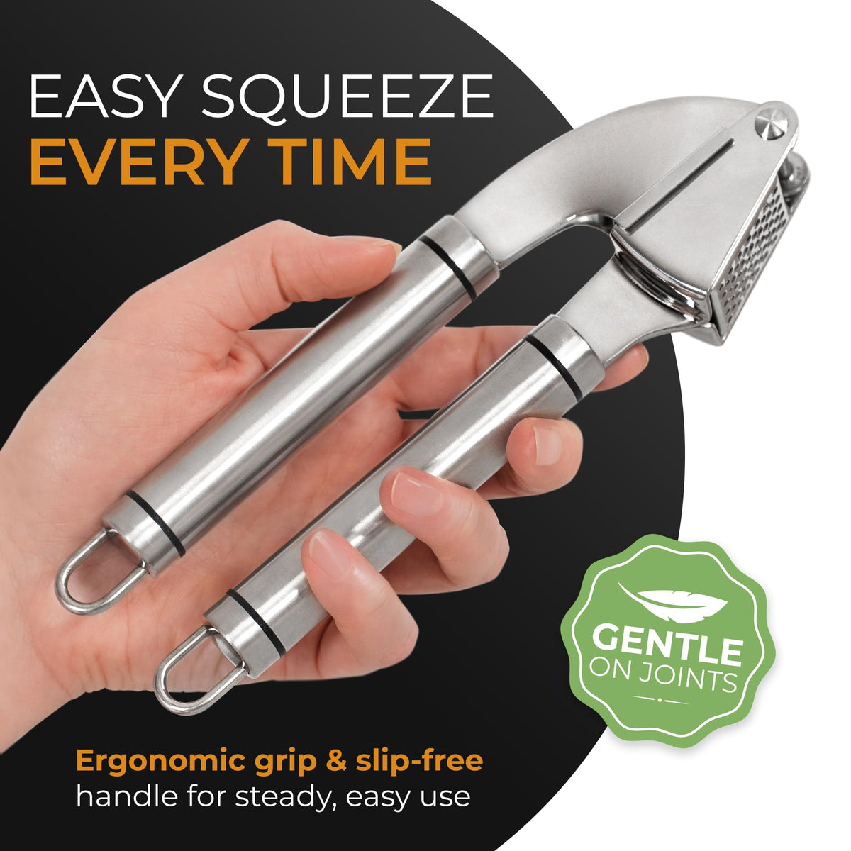 Orblue garlic press color-options display silver, black, and red varieties.