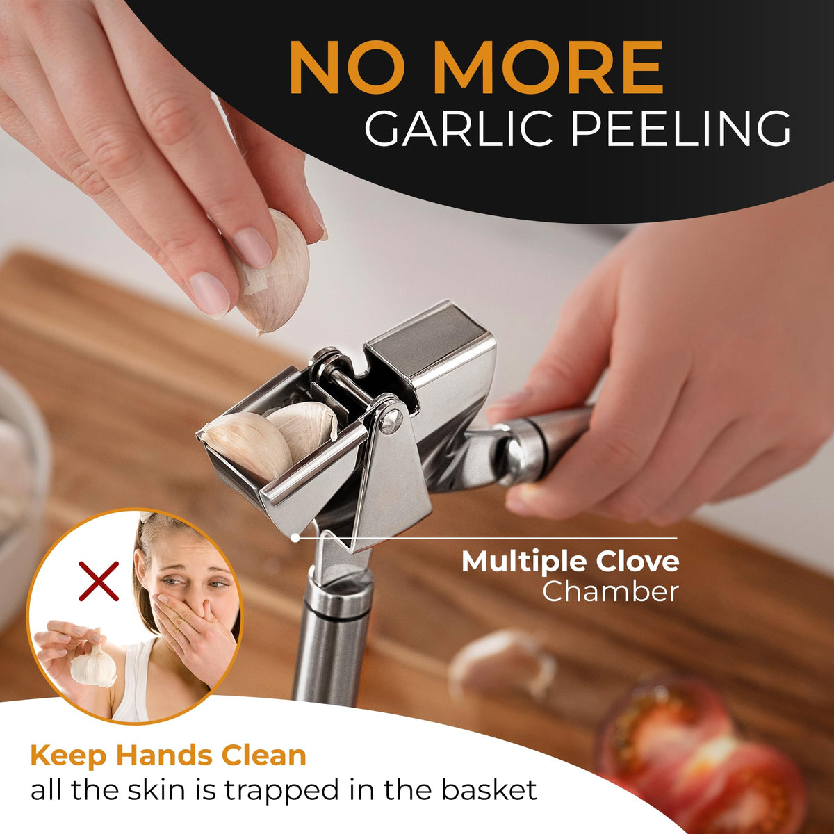 Orblue garlic press dishwasher-safe design for easy cleanup after cooking.
