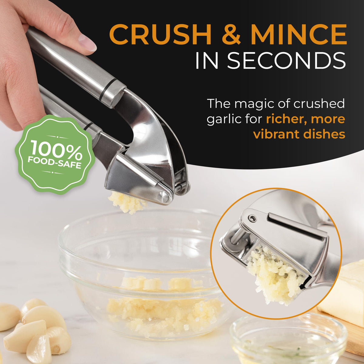 Orblue garlic press large-chamber accepts multiple cloves at once.