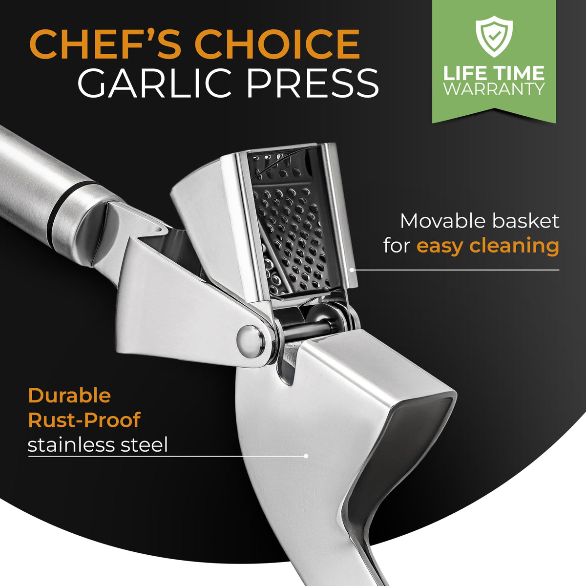 Orblue garlic press demonstrates effortless press-action for garlic crushing.