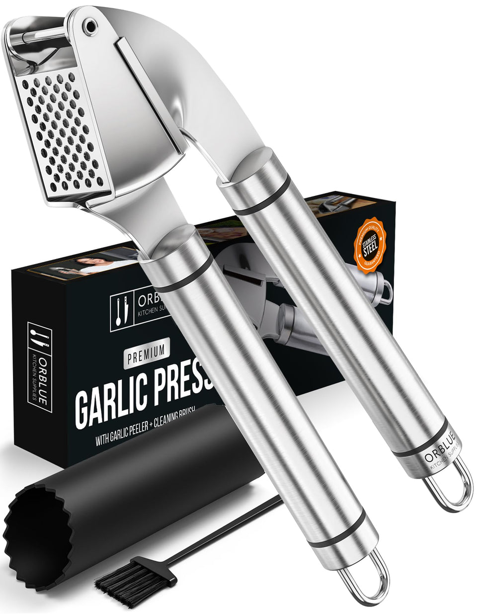 Orblue garlic press stainless-steel body in action for quick minced garlic.