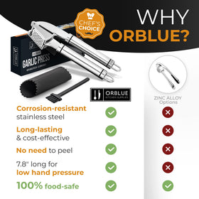 Orblue garlic press with-peeler bundle offers convenient prep.