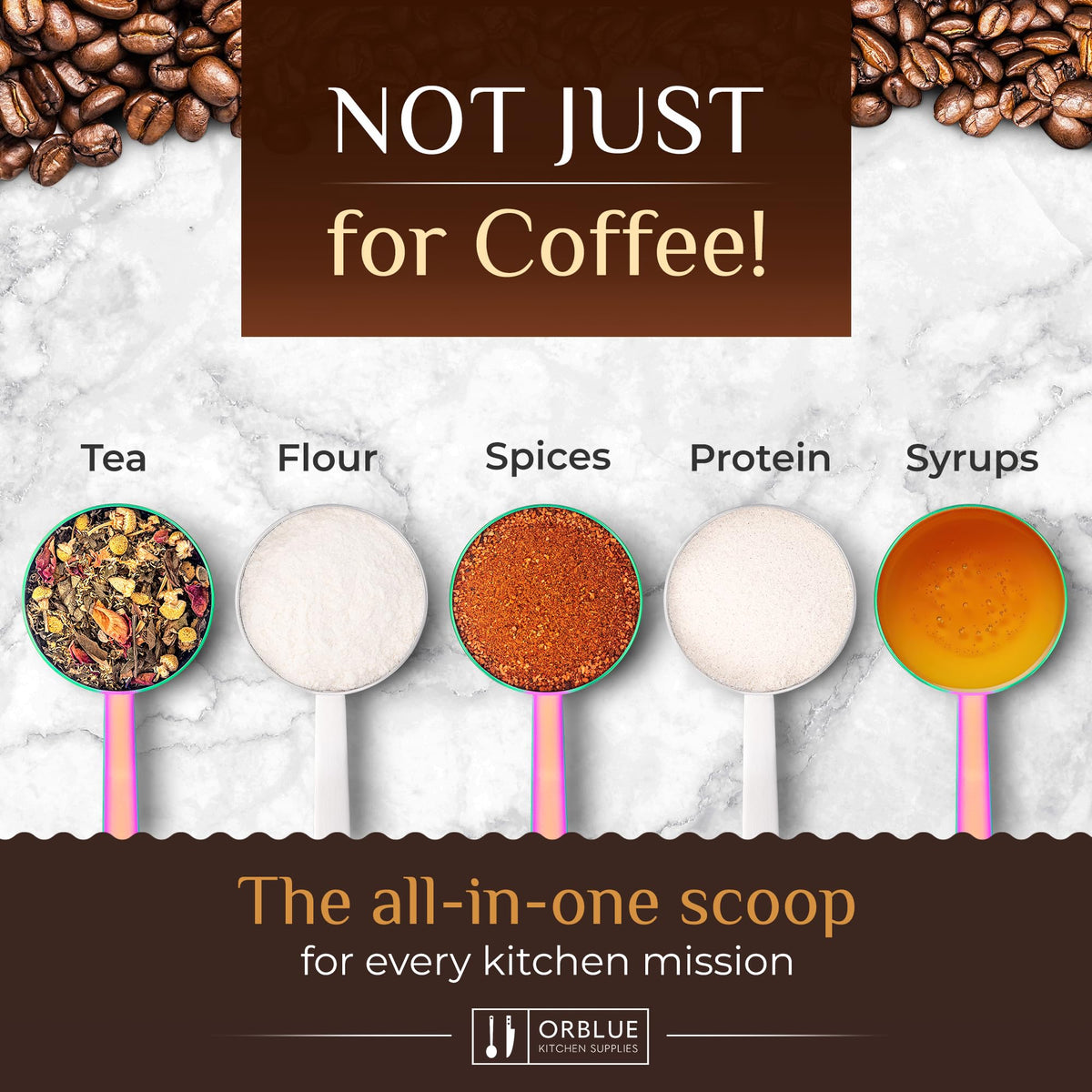 Orblue multiuse spoon measures tea powder, sugar, or spices with accuracy.