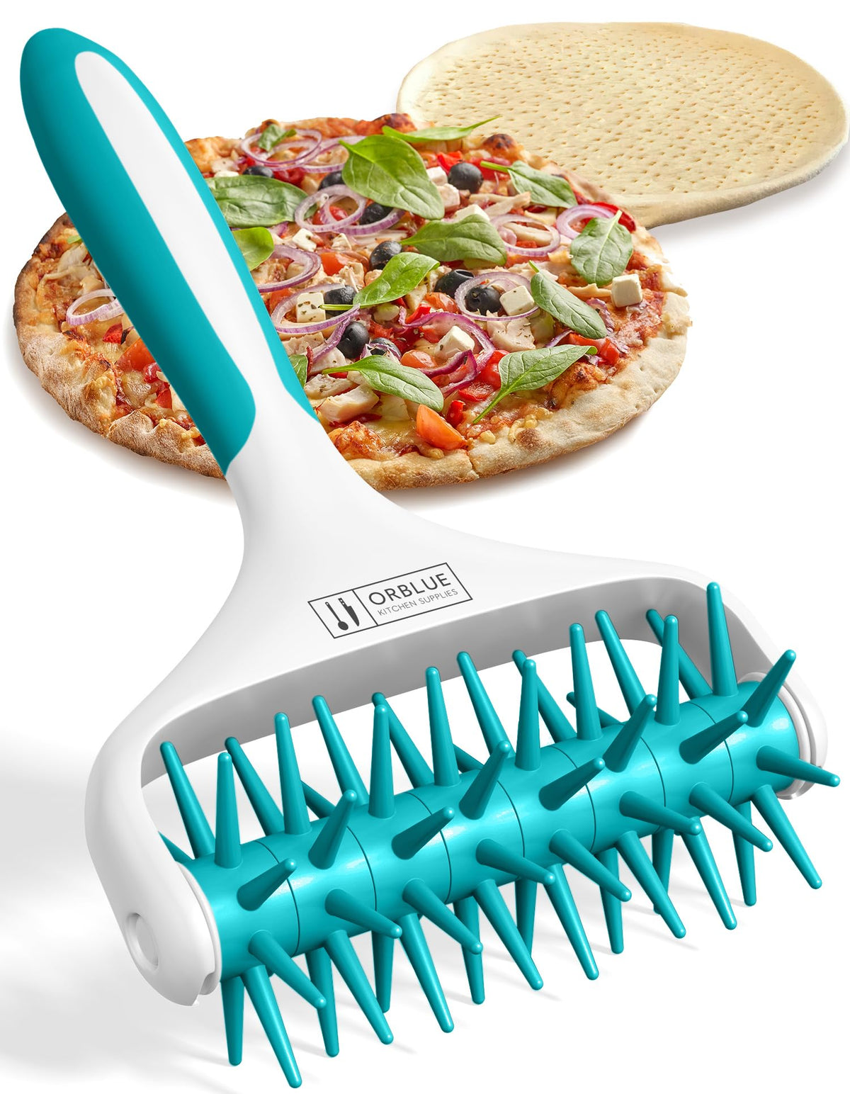 Orblue pizza dough docker roller with spikes promotes even docking.