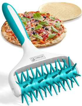 Orblue pizza dough docker roller with spikes promotes even docking.