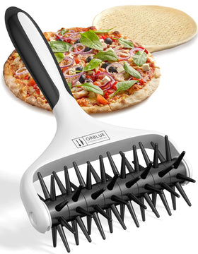Orblue pizza dough docker roller with spikes for even holes that prevent blistering.