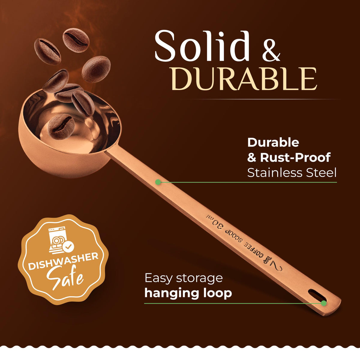 Orblue premium coffee scoop set, 2tbsp rose gold, portion grounds for a balanced cup.