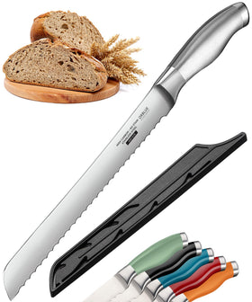 Orblue serrated bread knife with a 10 inch blade slicing crusty bread smoothly