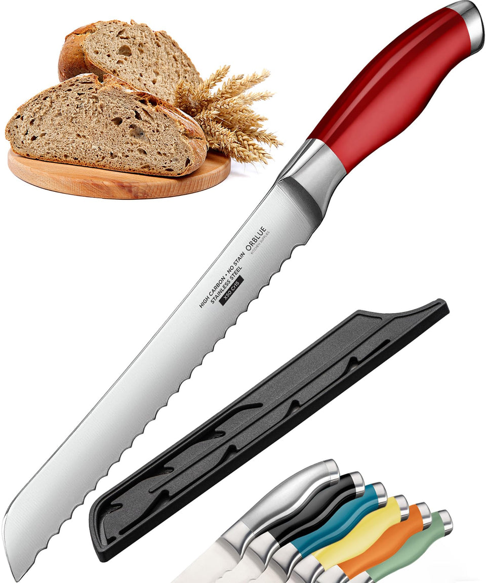 Orblue serrated bread knife with an 8-inch blade for precise bread slicing.