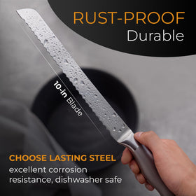 Orblue razor edge serrated knife cutting through a crusty loaf with precision