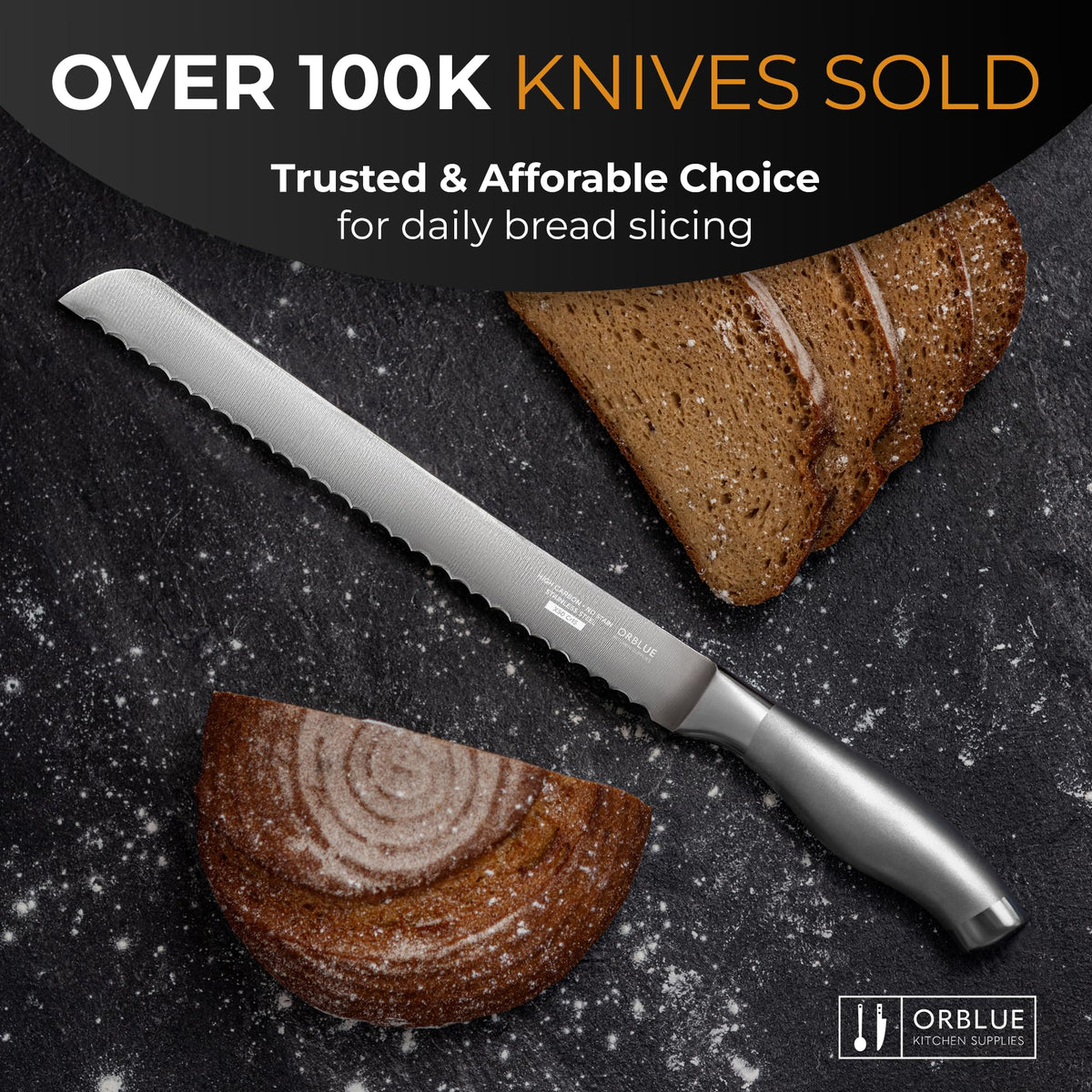 Orblue safety tip guard on bread knife adds protection during use