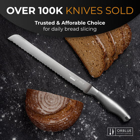 Orblue safety tip guard on bread knife adds protection during use