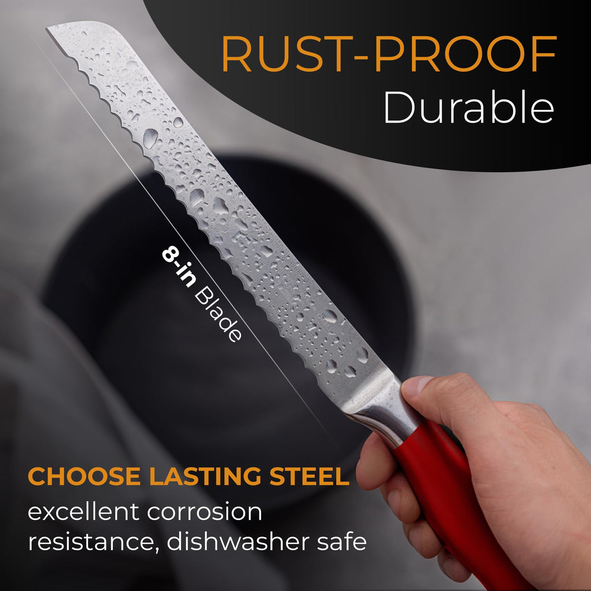 Orblue serrated bread knife made of high-quality stainless steel.