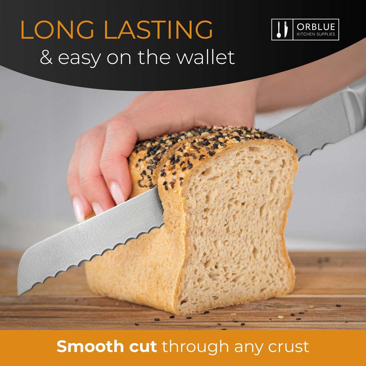 Orblue stainless steel serrated bread knife showing a durable blade