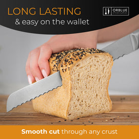 Orblue stainless steel serrated bread knife showing a durable blade