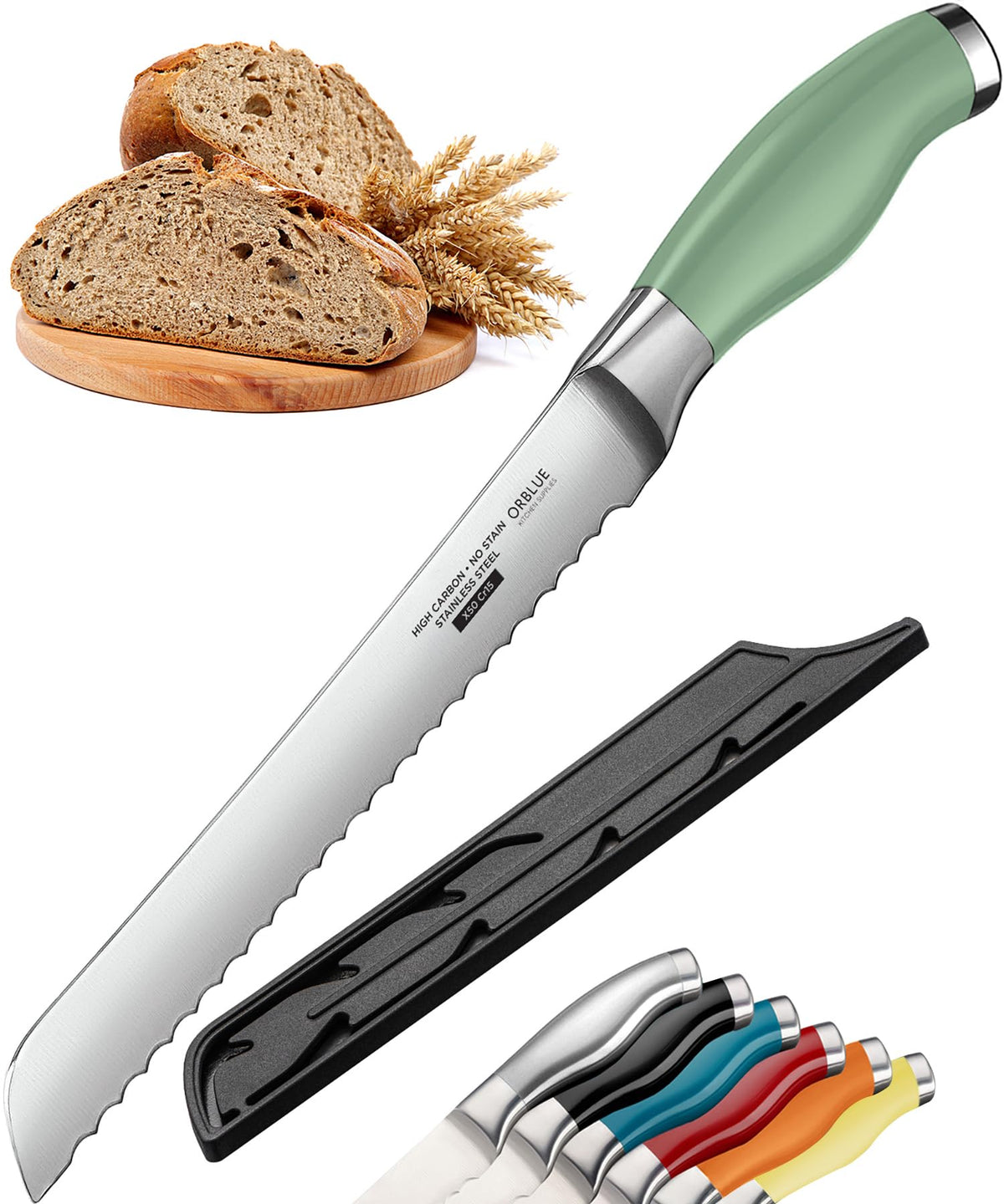 Orblue serrated bread knife with ultra-sharp edge for effortless slices