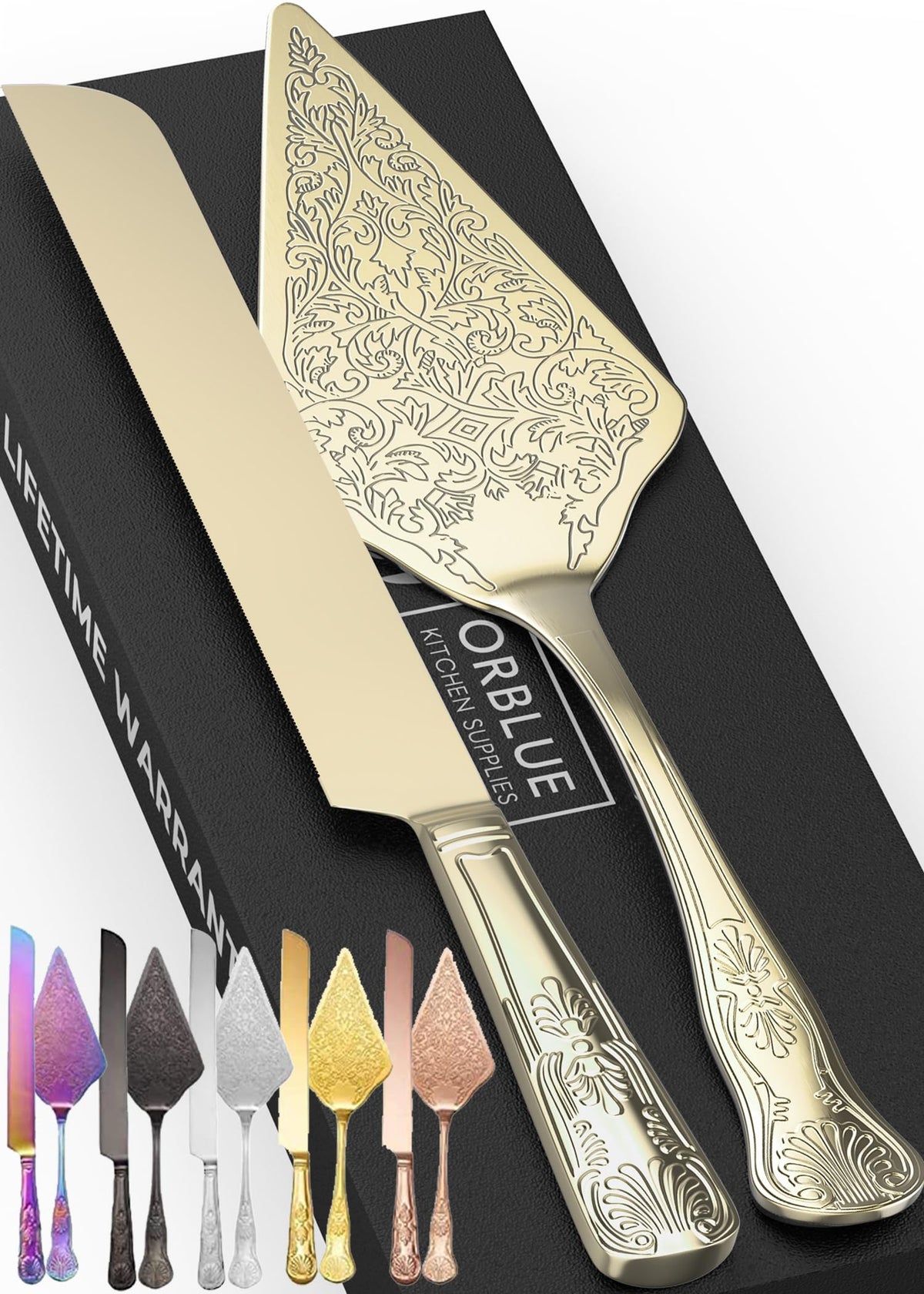 Orblue wedding cake knife engraving close-up highlighting elegant detail for refined serving.
