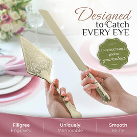 Orblue wedding cake server engraving close-up shows durable craftsmanship for lasting memories.