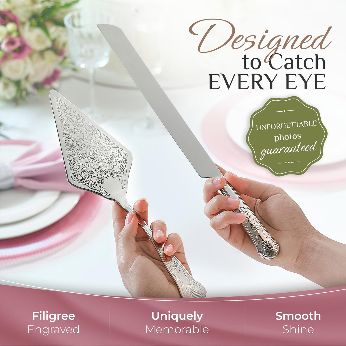 Orblue wedding cake server with engraved pattern for refined serving