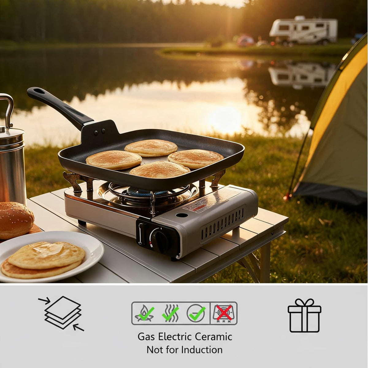 ORBxYoo nonstick square griddle pan crisps bacon on a large surface