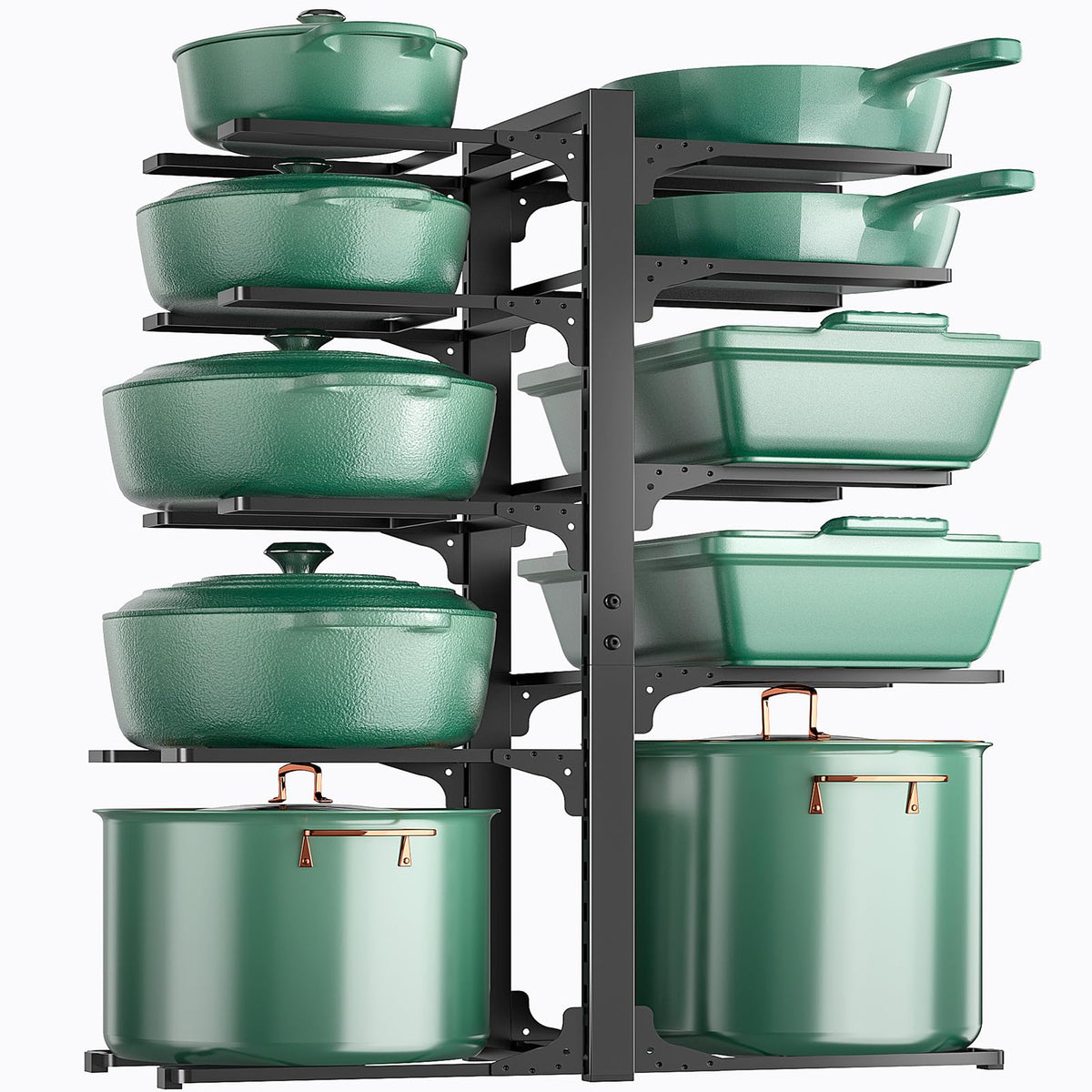 ORDORA 10-Tier under-cabinet organizer showcases compact storage for pots and pans.