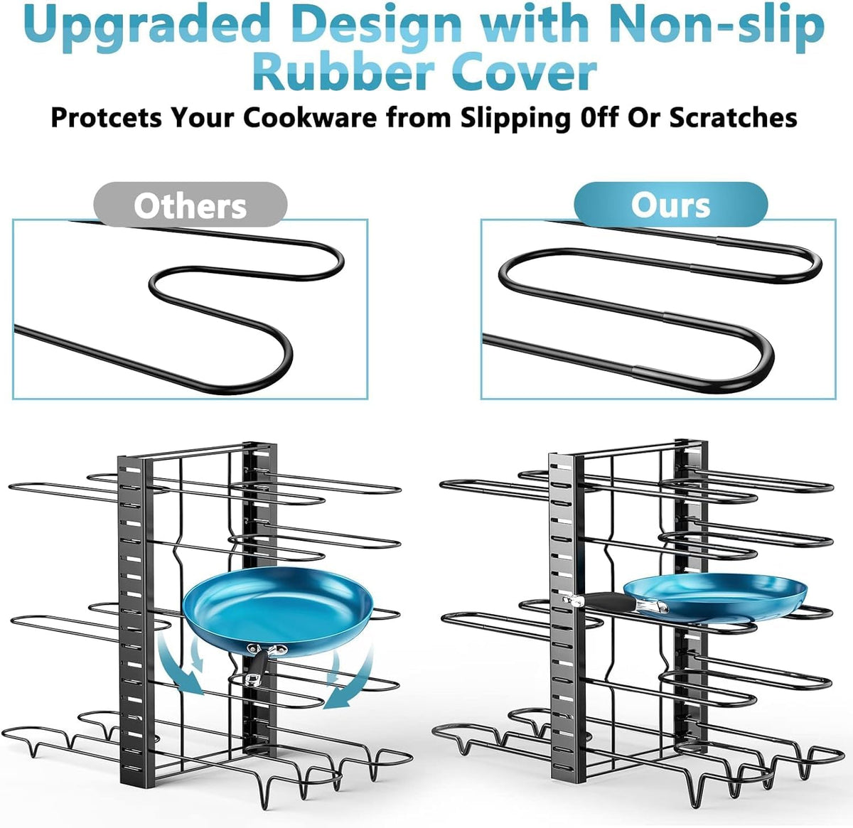 ORDORA adjustable-divider rack with anti-slip design for secure cookware placement.