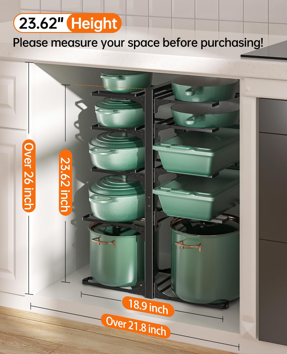 ORDORA elevated pan organizer in assembled setup saves vertical space.