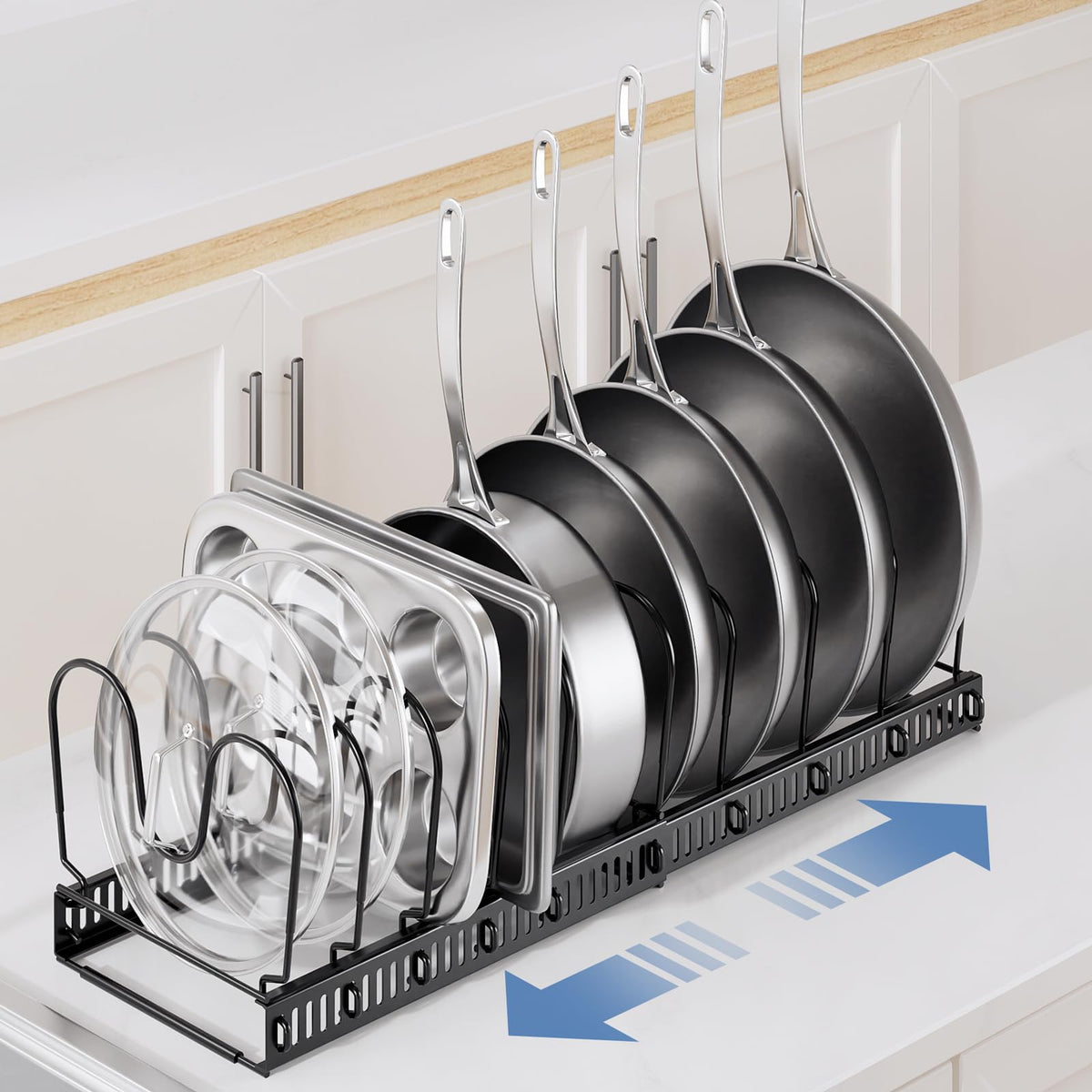 ORDORA pot lid organizer with vertical grooves keeps lids upright and easy to grab.