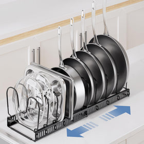 ORDORA pot lid organizer with vertical grooves keeps lids upright and easy to grab.