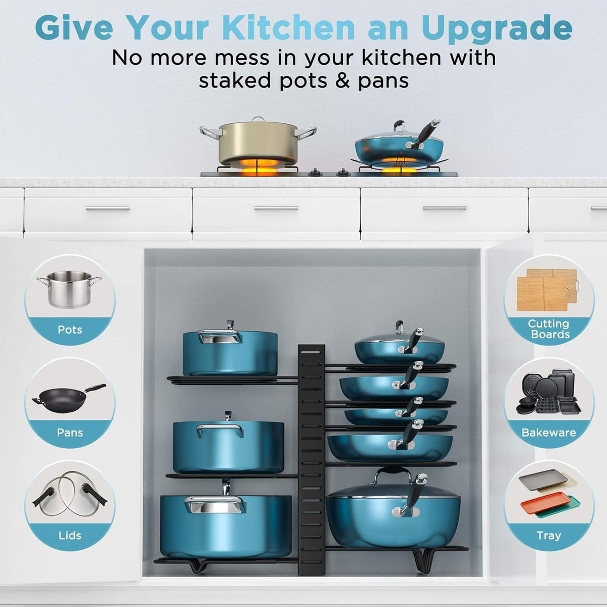 ORDORA stackable design saves counter space and organizes lids and pans.