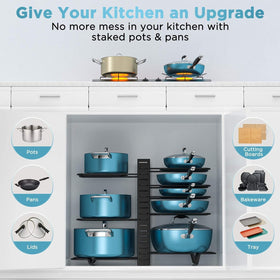 ORDORA stackable design saves counter space and organizes lids and pans.
