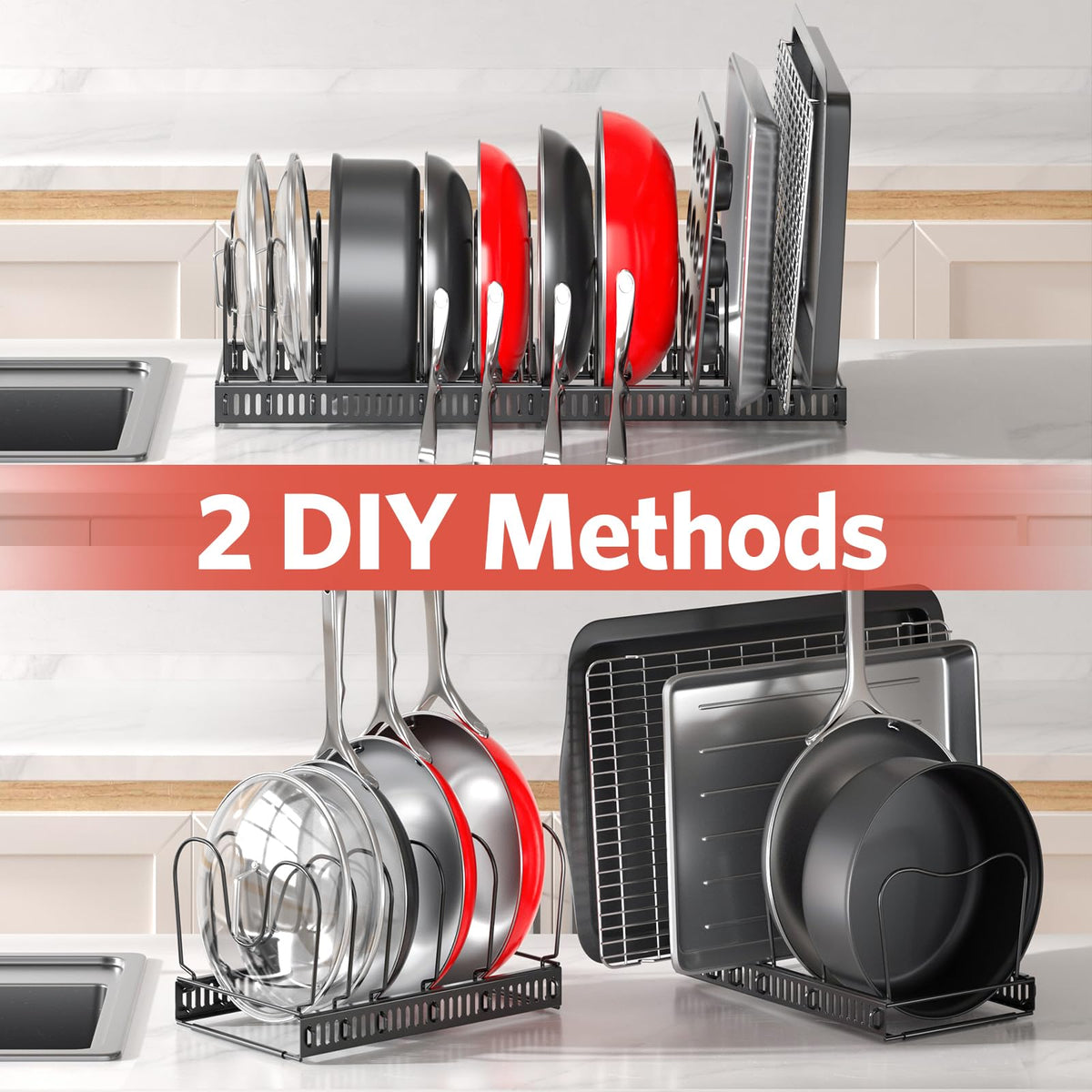 ORDORA two-in-one pan rack adapts for lids and pans.