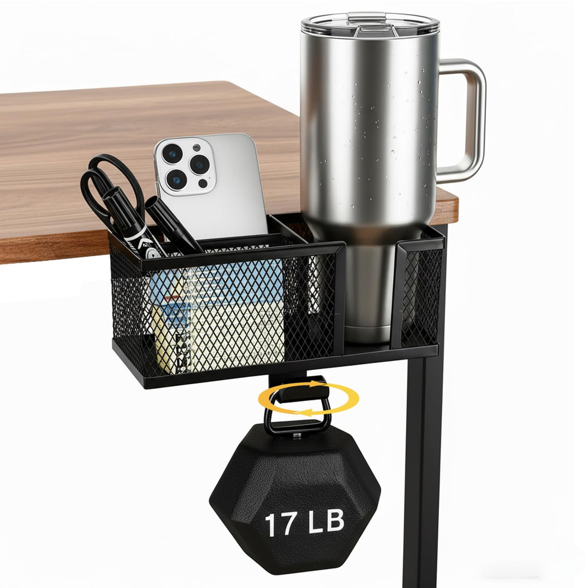 OrgaFocus 4-in-1 metal clip-on cup holder attached to a desk, providing stable drink access.