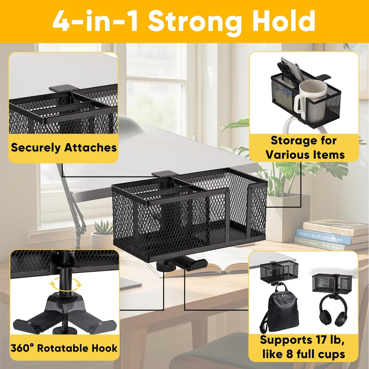 OrgaFocus clip-on cup holder attached to a chair arm for easy reach.