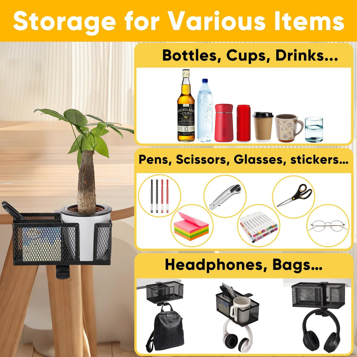 OrgaFocus cup holder supports up to 40oz bottles on a desk surface.