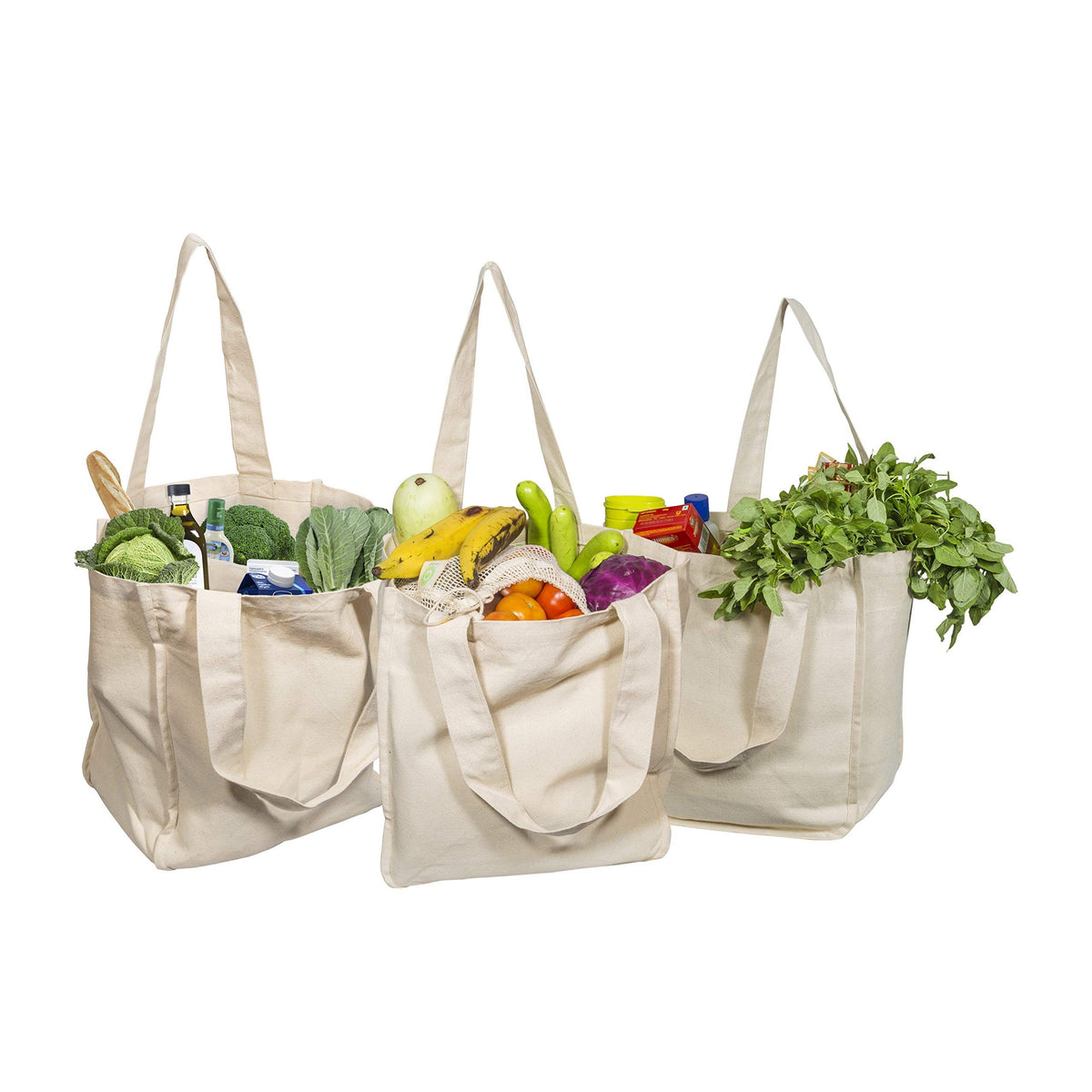 Organic Cotton Mart bag stand-up base keeps groceries stable during loading