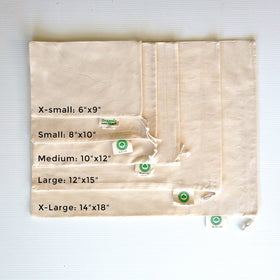 Close-up of Organic Cotton Mart bags, showcasing washable cotton fabric.