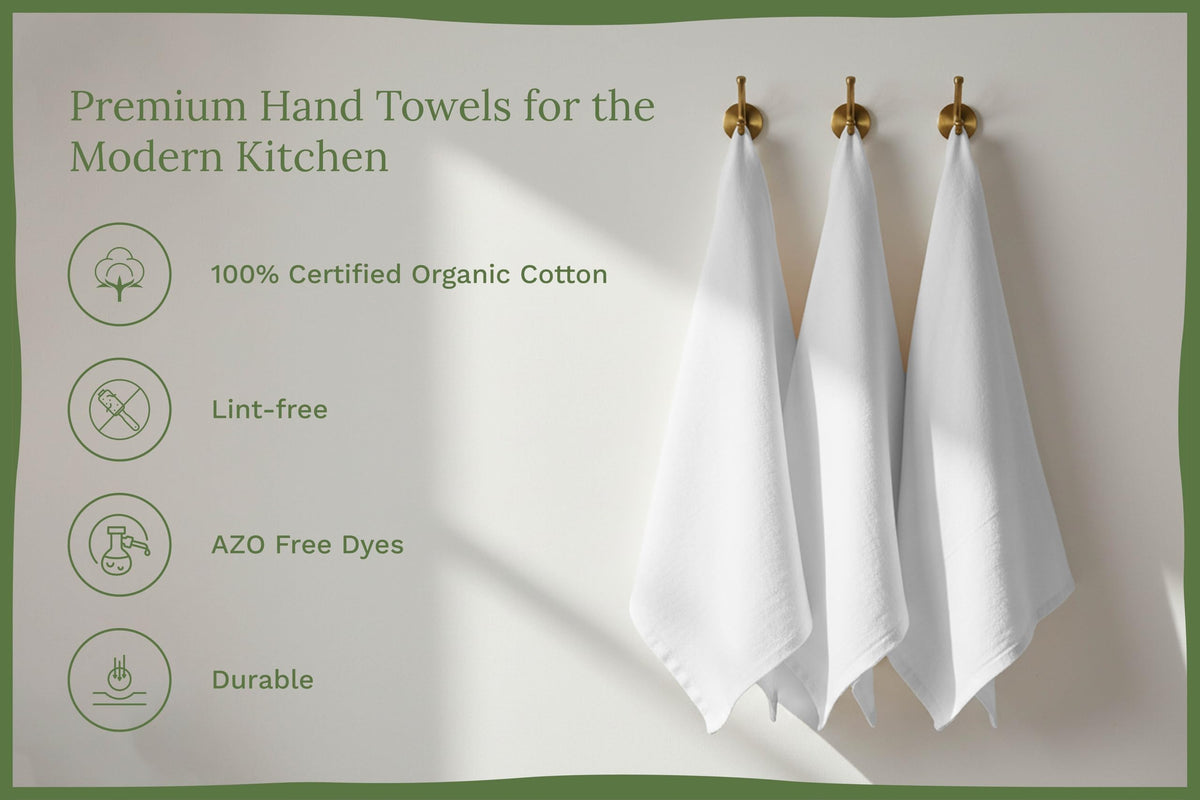 Organic Cotton Mart lint-free white dishcloths stacked for clean kitchen prep