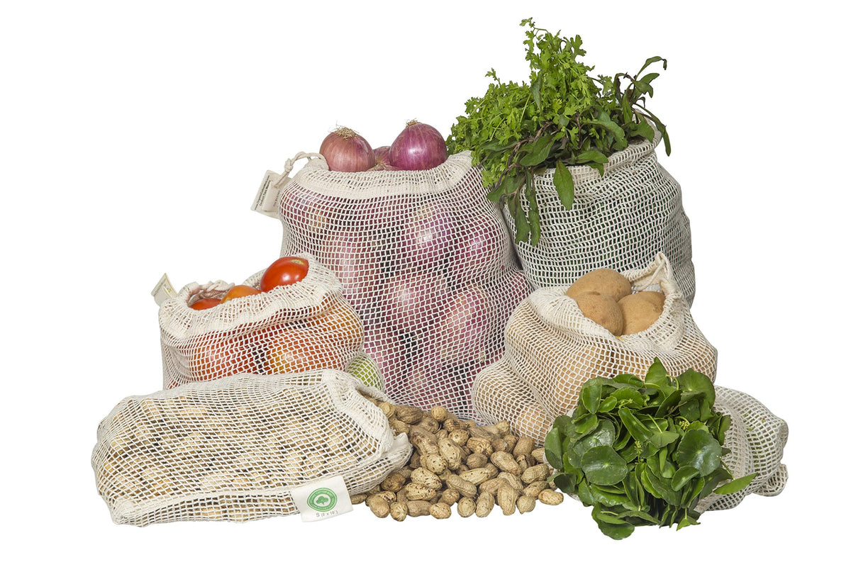 Organic Cotton Mart mesh bag close-up shows durable organic cotton fabric for long use
