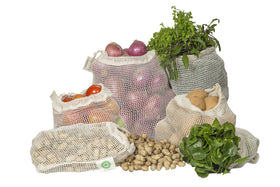 Organic Cotton Mart mesh bag close-up shows durable organic cotton fabric for long use